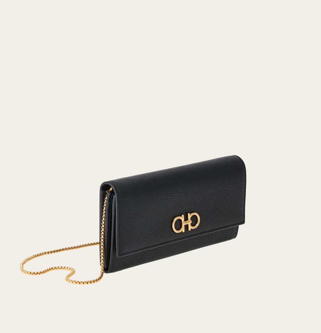FERRAGAMO CALFSKIN LEATHER GANCINI WALLET ON A CHAIN