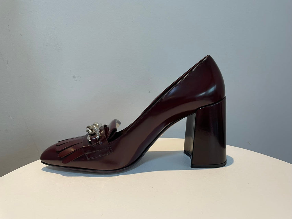 Prada Merlot Kiltie Chain Patent Leather Block-heel Pumps 39