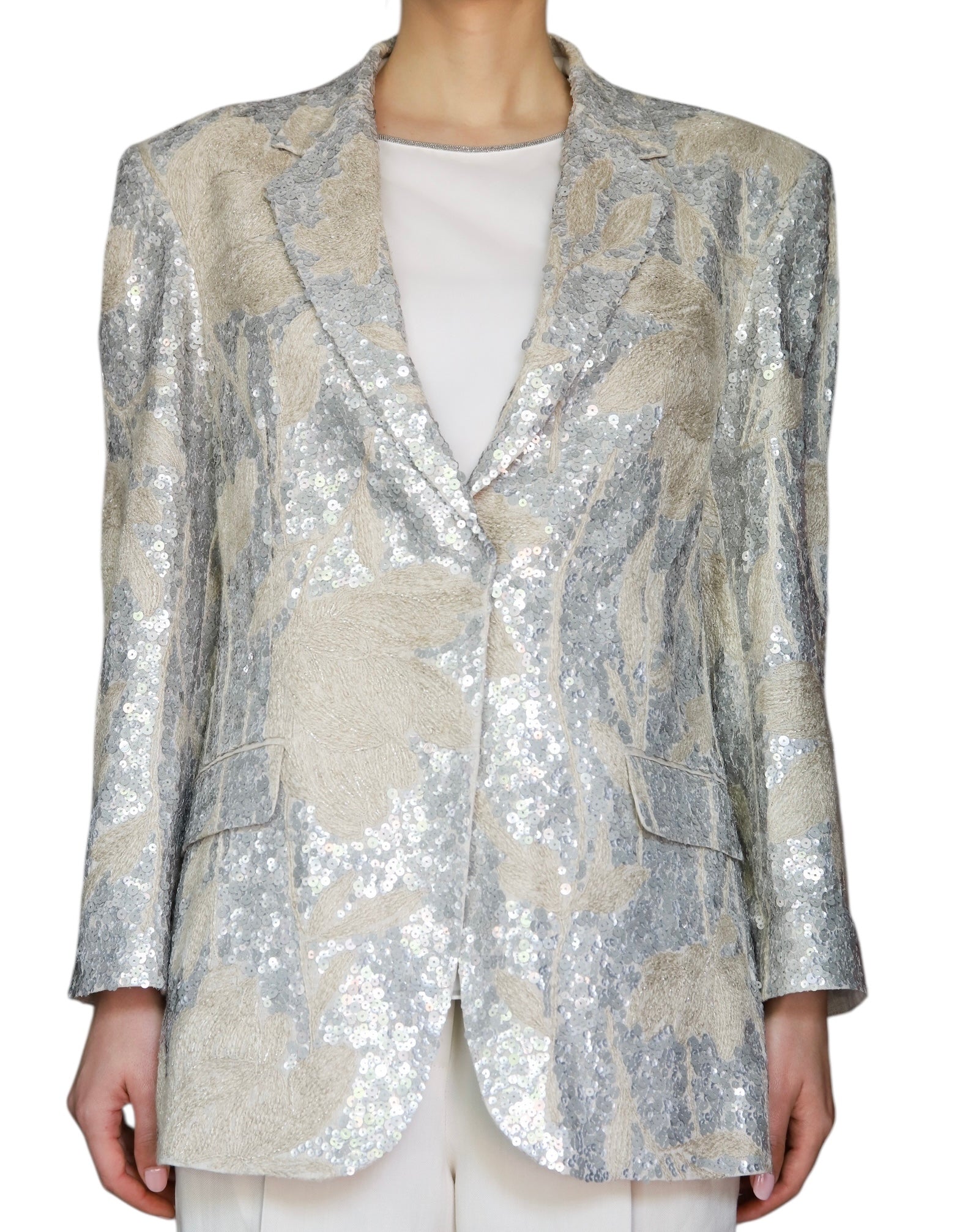 Brunello Cucinelli Grey Blue Sequin Linen Blazer - IT 42 / US 6