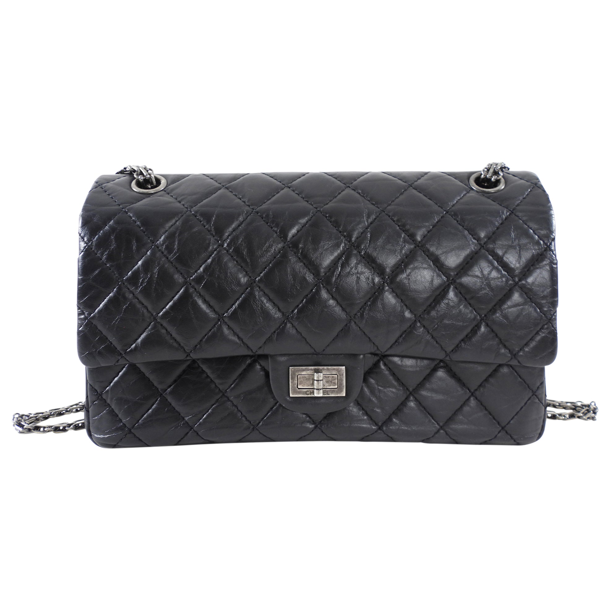 Chanel Black Aged Calfskin Reissue 2.55 227 Ruthenium Classic Flap Bag