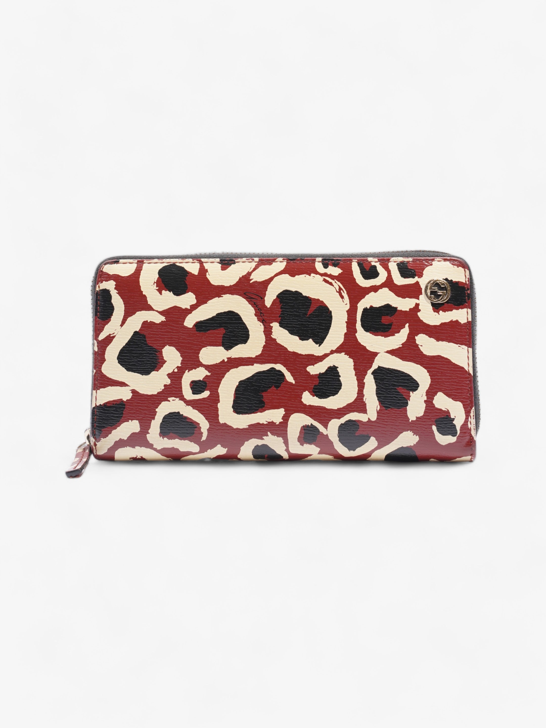 Gucci Leopard Print Zip Around Wallet Red / Black Calfskin Leather