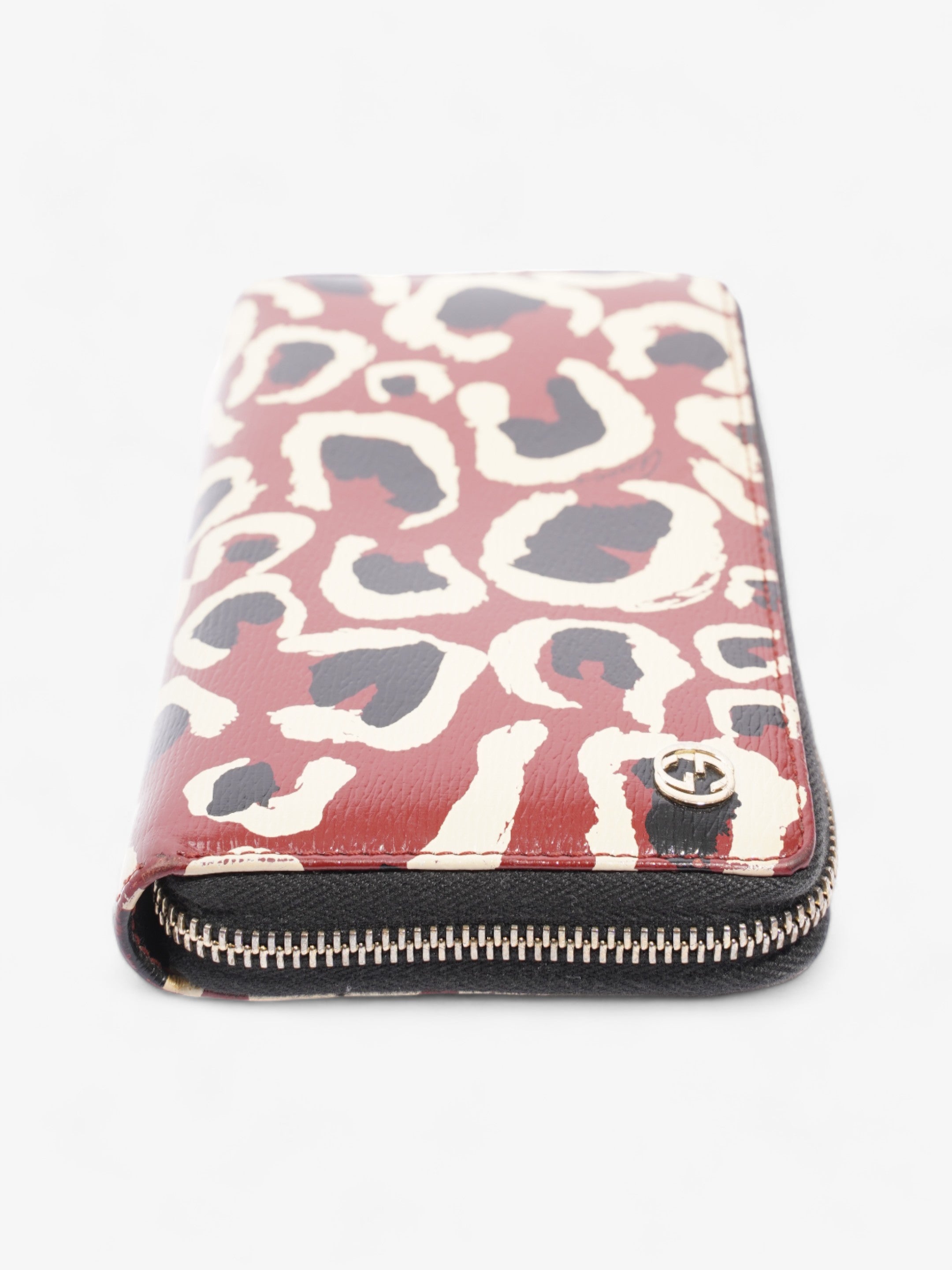 Gucci Leopard Print Zip Around Wallet Red / Black Calfskin Leather