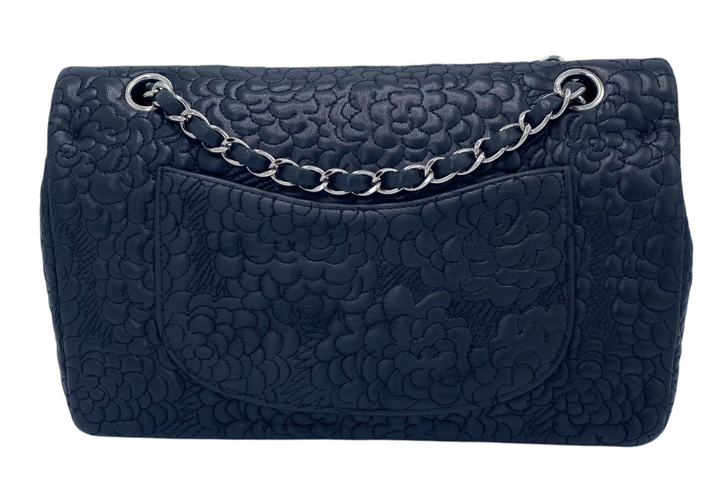 Chanel Black Camellia Embossed Lambskin Classic Timeless Medium Double Flap Bag SHW