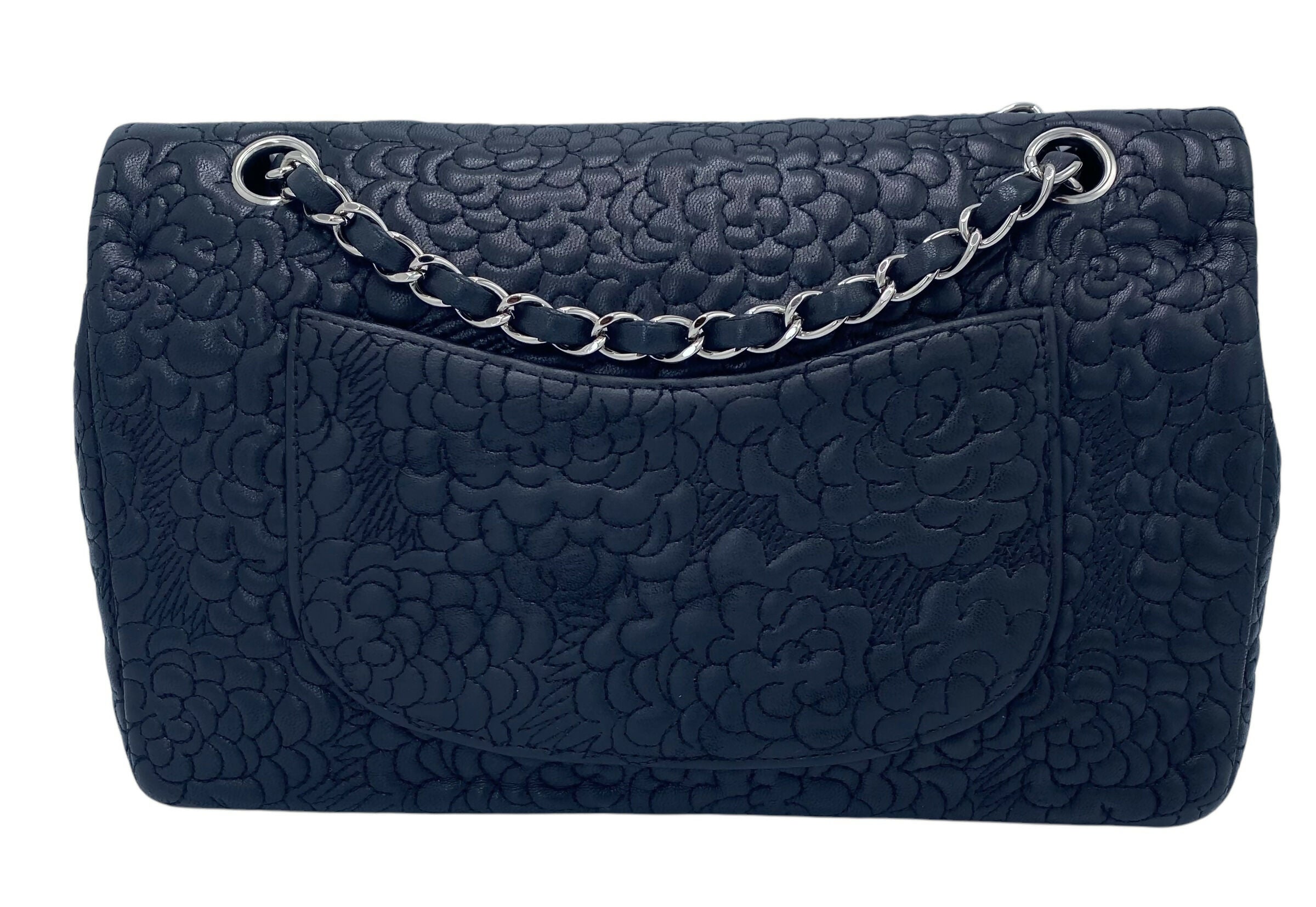 Chanel Black Camellia Embossed Lambskin Classic Timeless Medium Double Flap Bag SHW