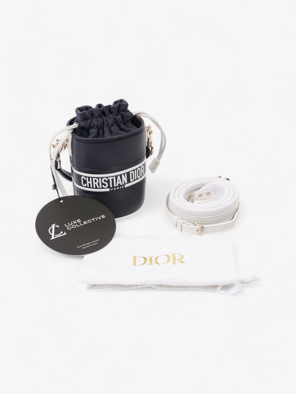 Christian Dior Vibe Bucket Bag Navy Blue / White Leather Micro