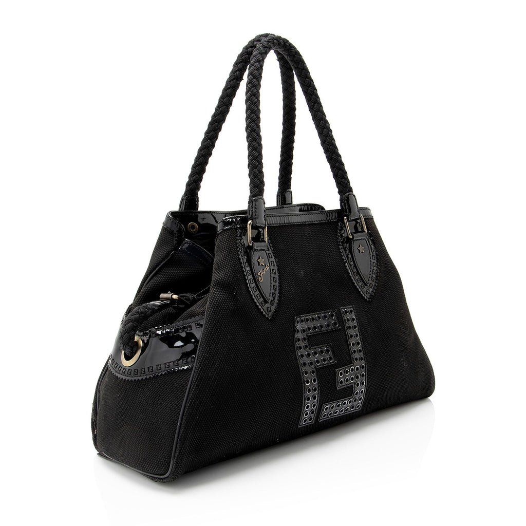 Fendi Canvas Patent Leather Perforated FF Du Jour Tote