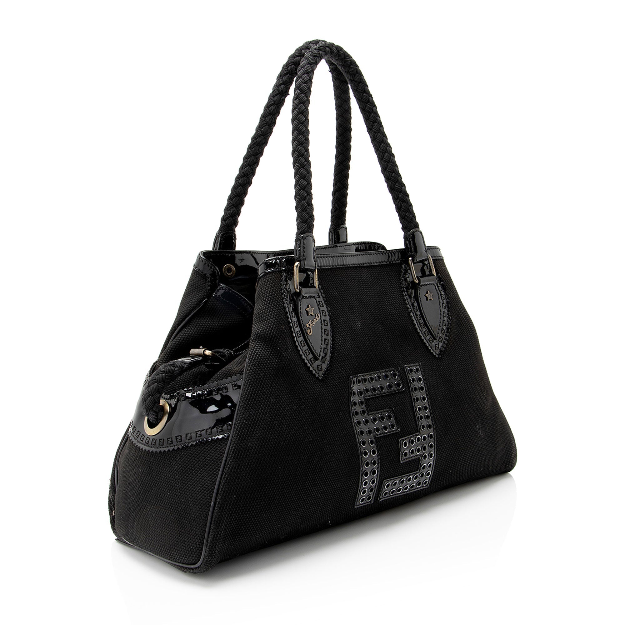 Fendi Canvas Patent Leather Perforated FF Du Jour Tote