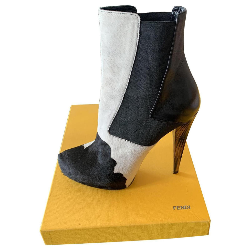 FENDI COW PRINT PONY HAIR STYLE LEATHER ANKLE BOOTS
