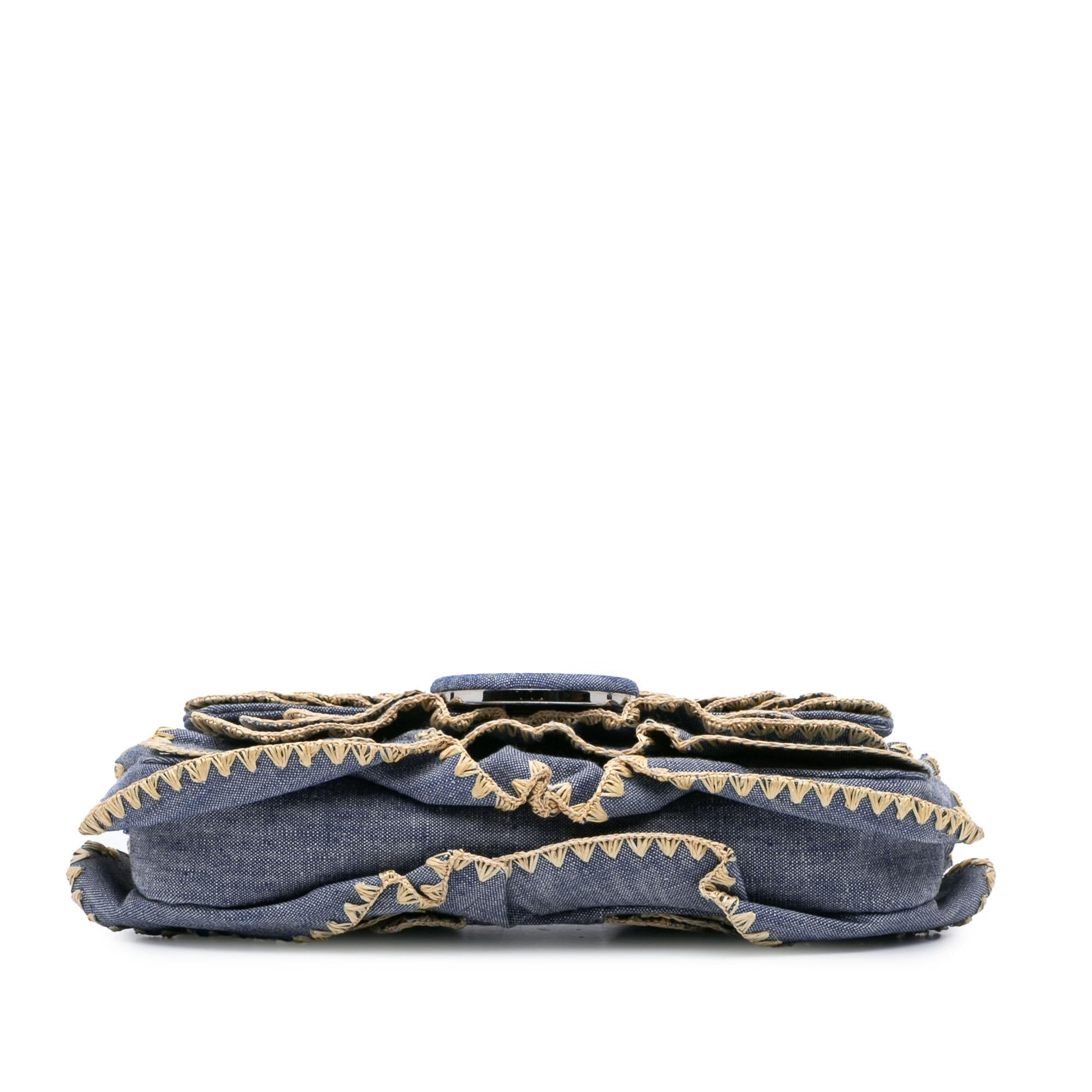 Fendi Embroidered Denim Ruffled F is Fendi Kan I Baguette