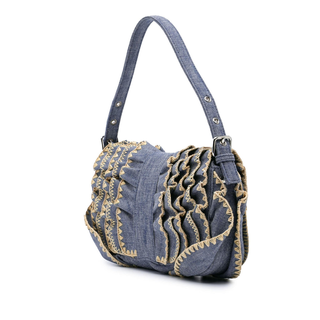 Fendi Embroidered Denim Ruffled F is Fendi Kan I Baguette