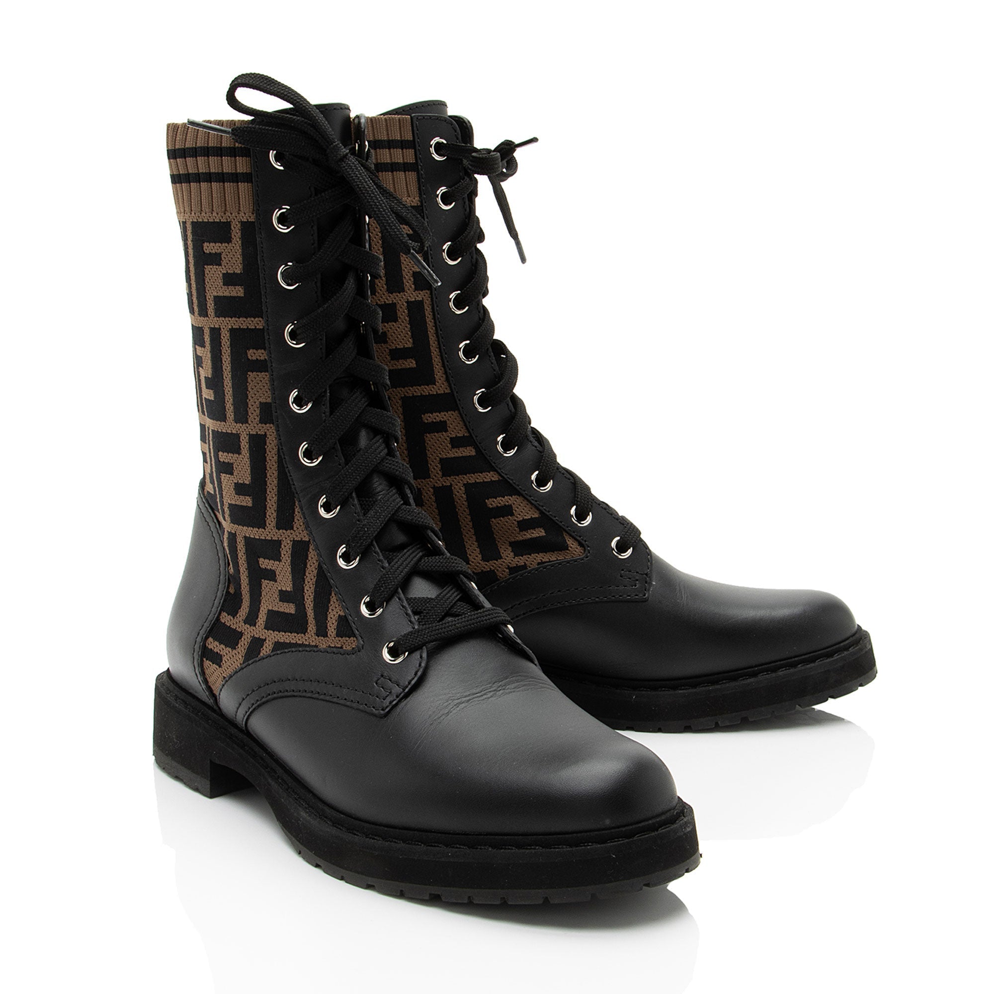 Fendi FF Stretch Fabric Calfskin Rockoko Biker Boots - Size 9.5 / 39.5