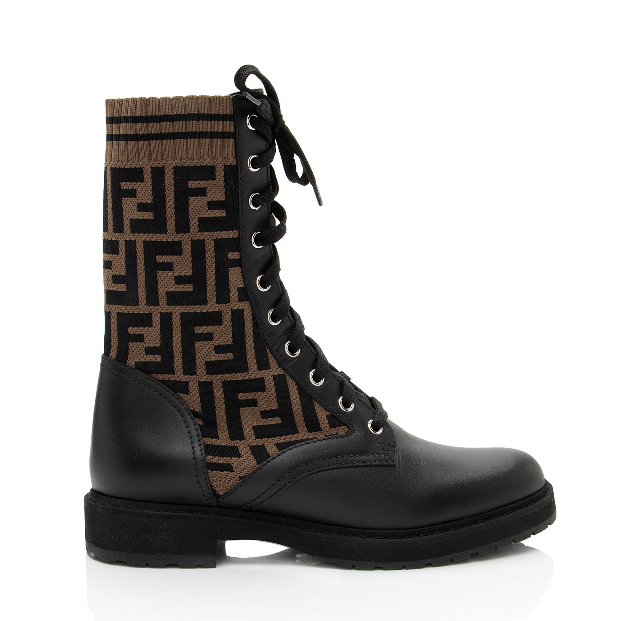 Fendi FF Stretch Fabric Calfskin Rockoko Biker Boots - Size 9.5 / 39.5