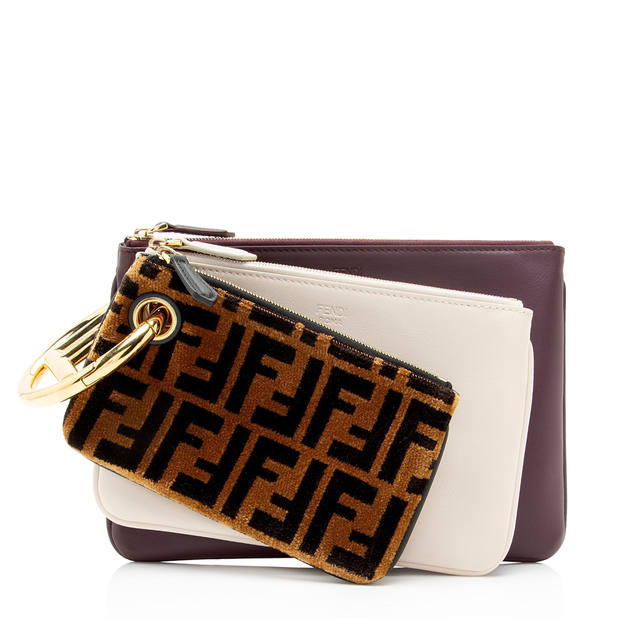 Fendi Leather Velvet Zucca Triplette Clutch