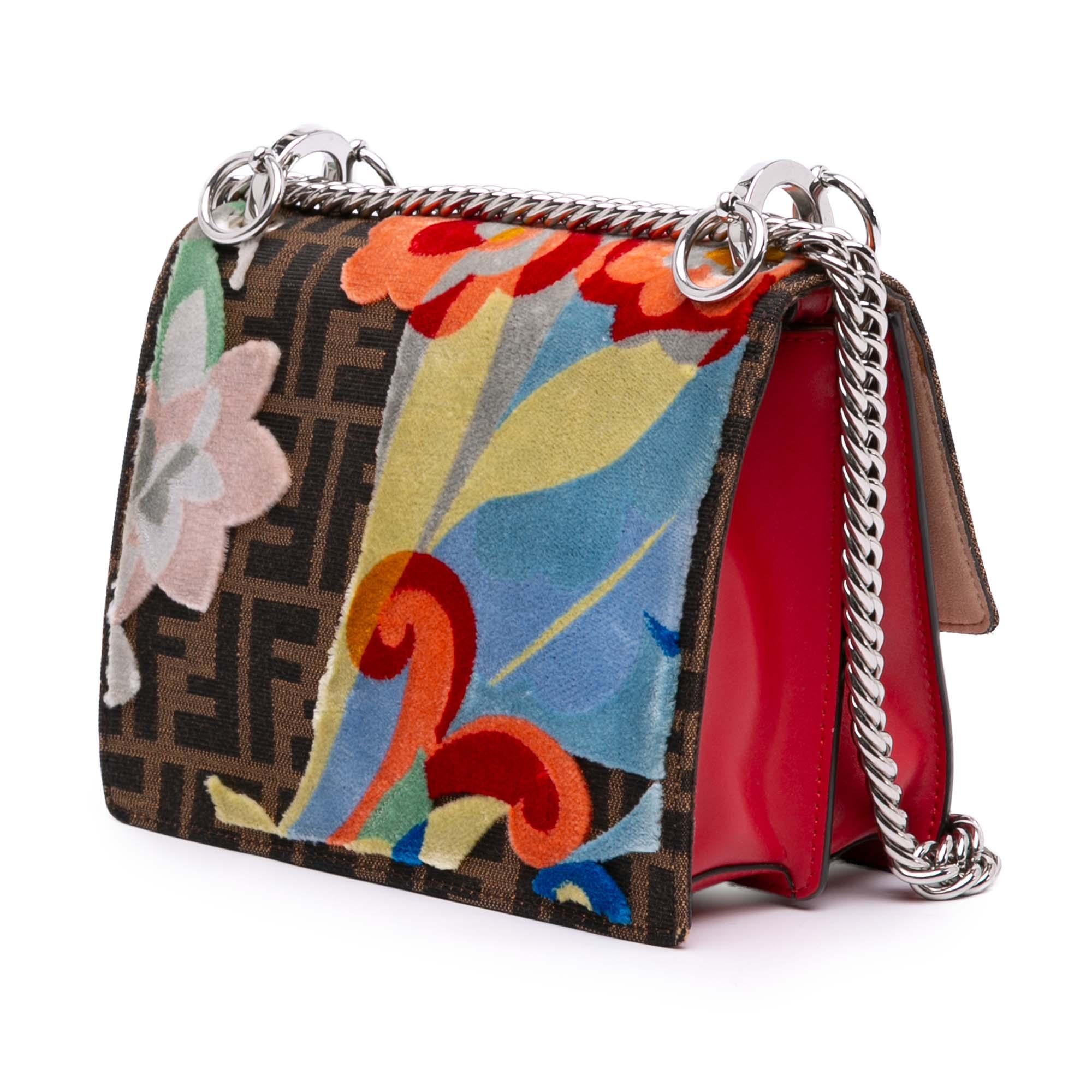 Fendi Small Velvet Embroidered Zucca Canvas and Leather Kan I Crossbody