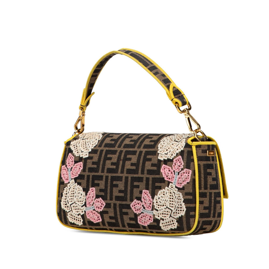 Fendi Zucca Embroidered Canvas Floral Baguette Satchel