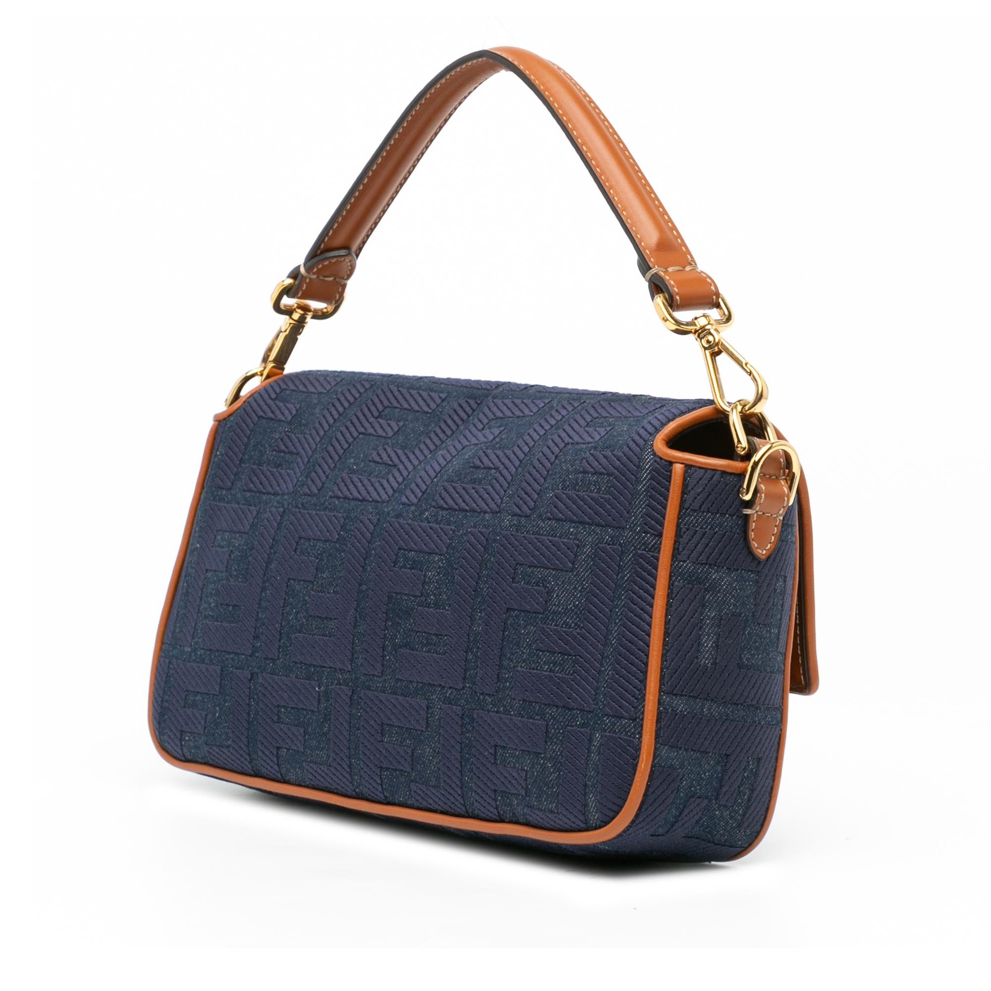 Fendi Zucca Embroidered Denim Baguette Satchel