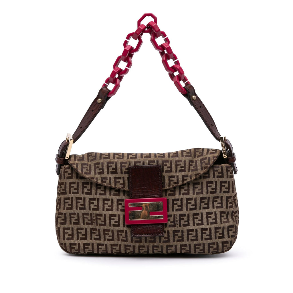 Fendi Zucchino Canvas Double Flap Chain Shoulder Bag