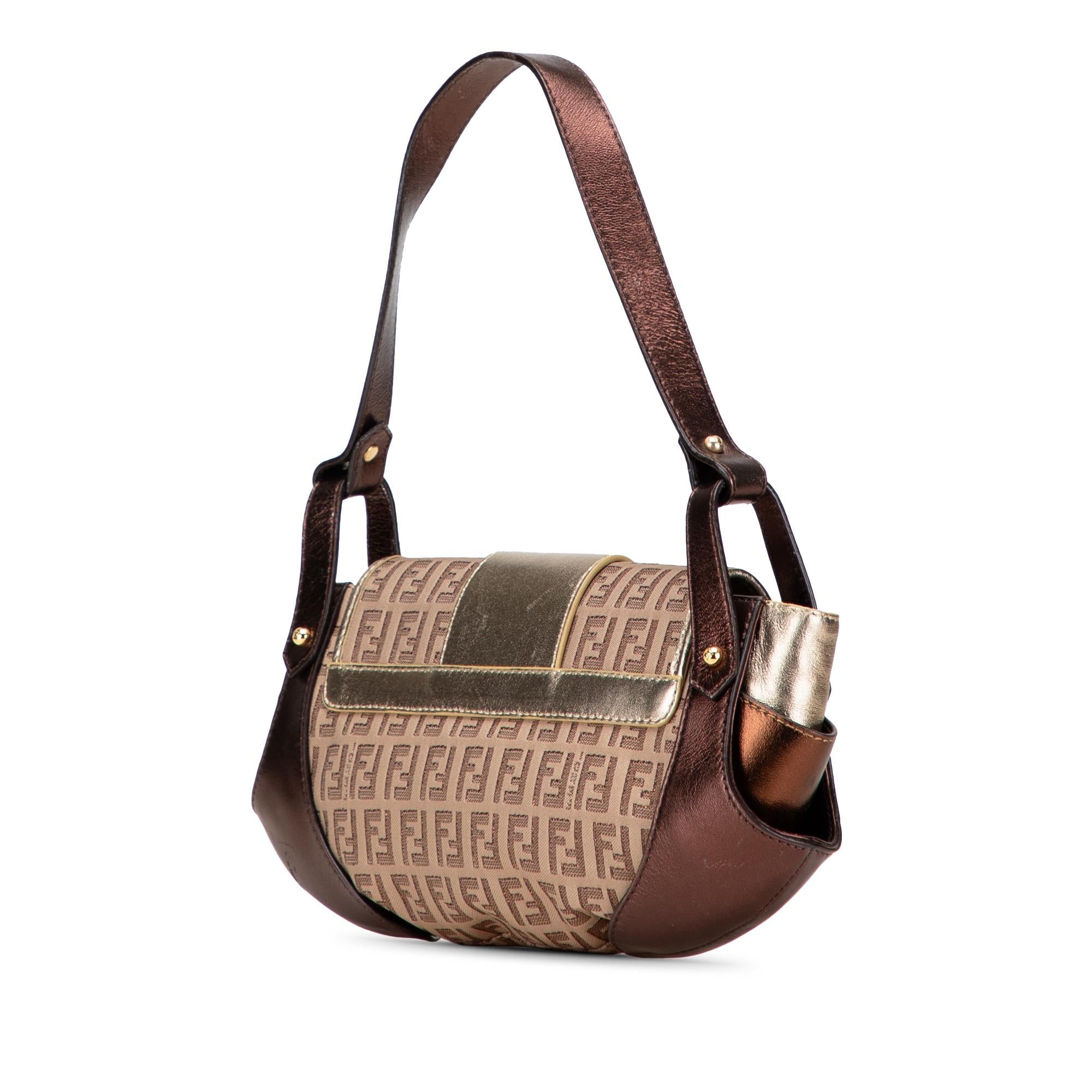 Fendi Zucchino Canvas and Metallic Leather Compilation Shoulder Bag