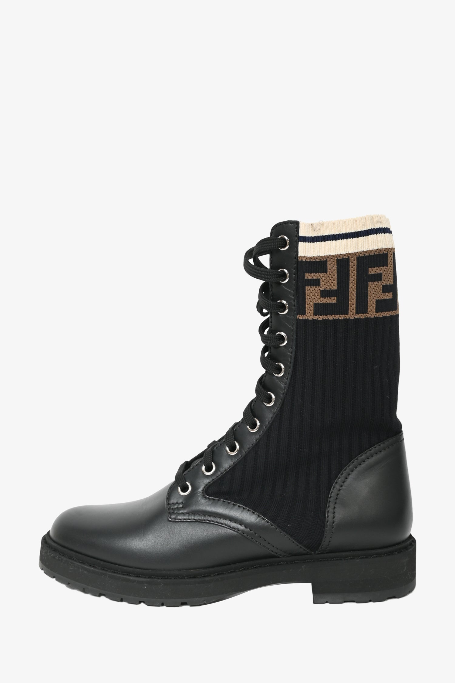 Fendi Black Leather Zucca Stretch Knit Combat Boots Size 37