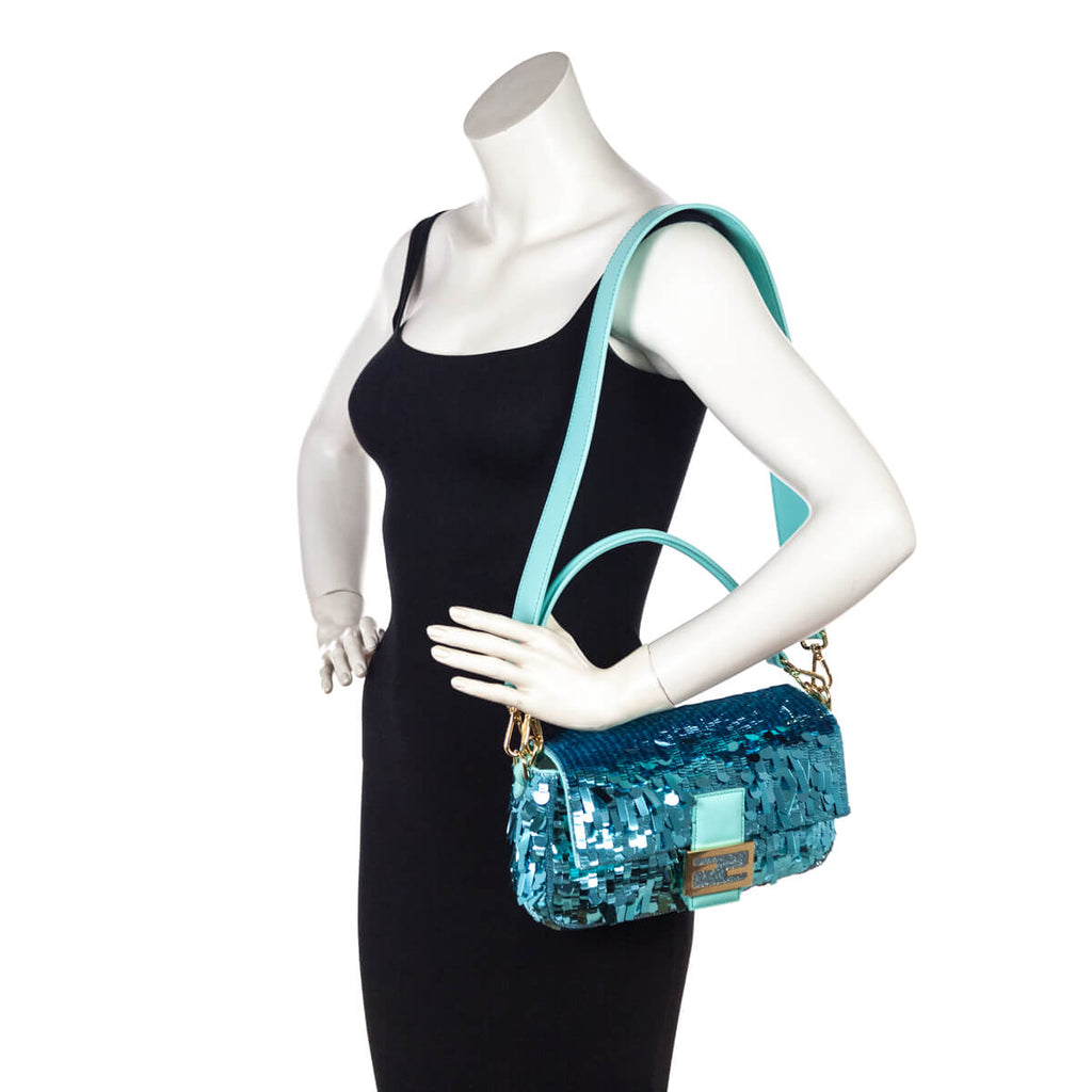 Fendi Blue Sequin Paillettes Vitello Grace Re-Edition Baguette