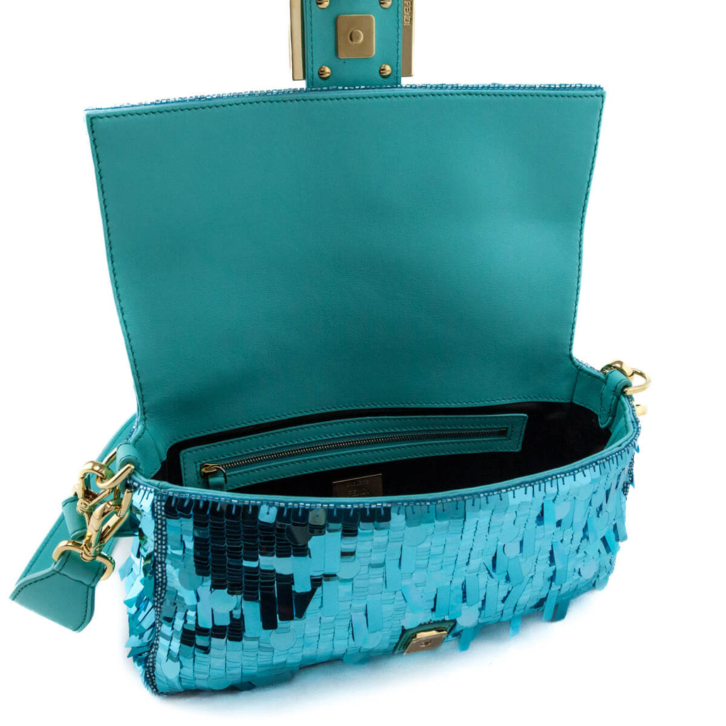 Fendi Blue Sequin Paillettes Vitello Grace Re-Edition Baguette