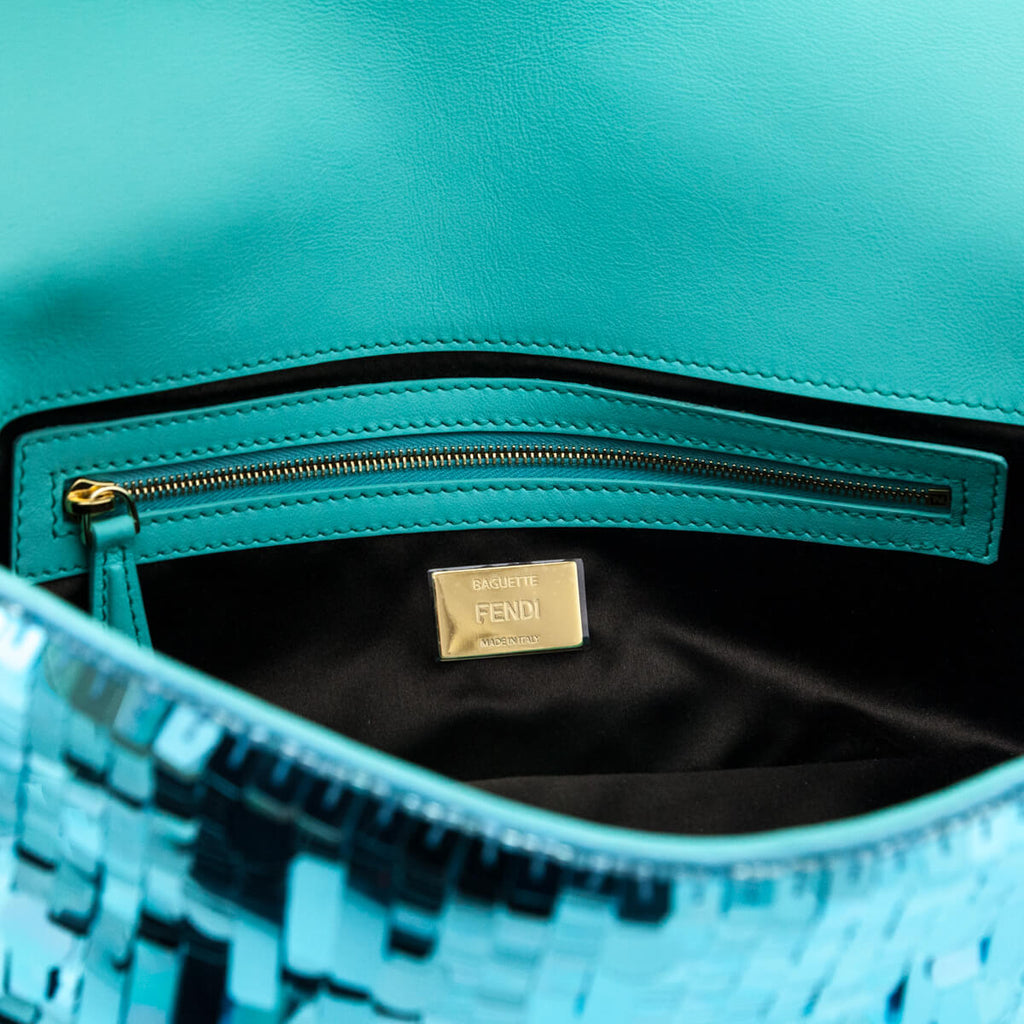 Fendi Blue Sequin Paillettes Vitello Grace Re-Edition Baguette
