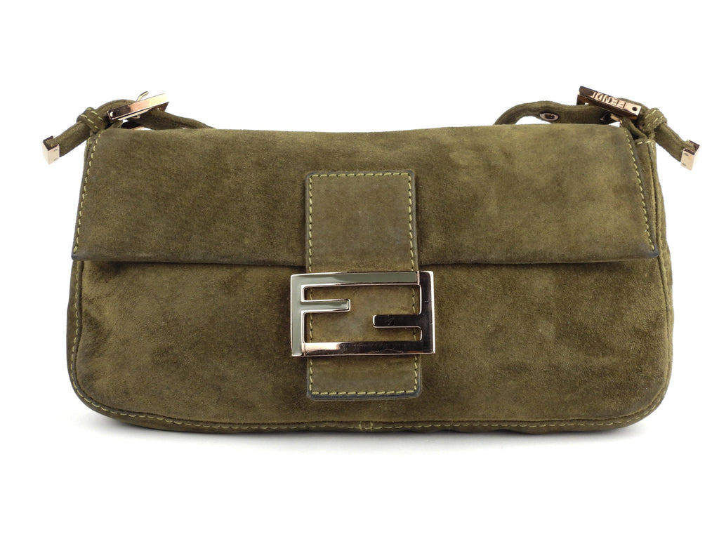 Fendi Khaki Green Suede Leather Baguette Shoulder Bag