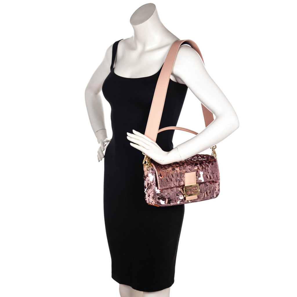 Fendi Pink Sequin Paillettes Vitello Grace Re-Edition Baguette