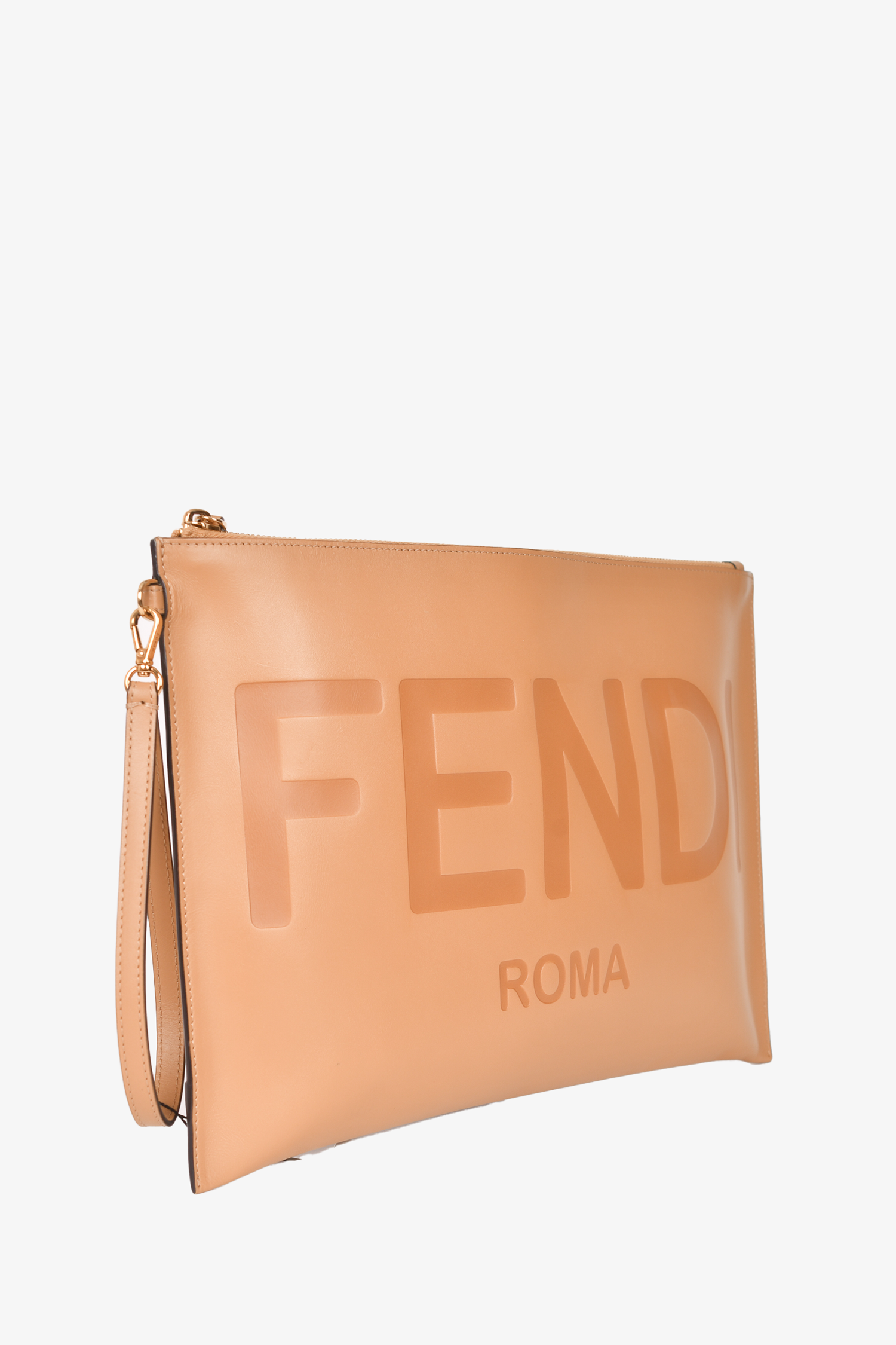 Fendi Roma Brown Leather Logo Flat Clutch