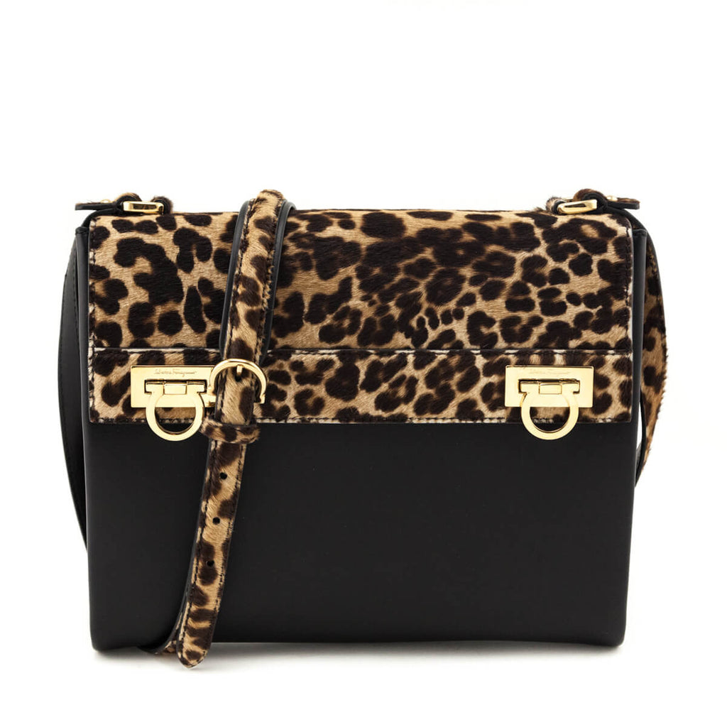 Ferragamo Leopard Print Calf Hair Mya Flip Lock Bag