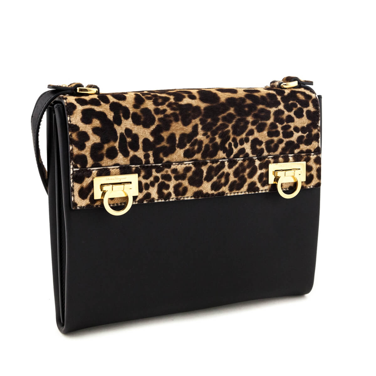 Ferragamo Leopard Print Calf Hair Mya Flip Lock Bag