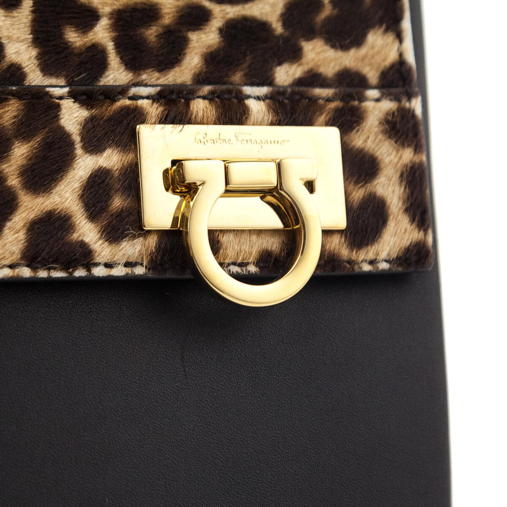 Ferragamo Leopard Print Calf Hair Mya Flip Lock Bag