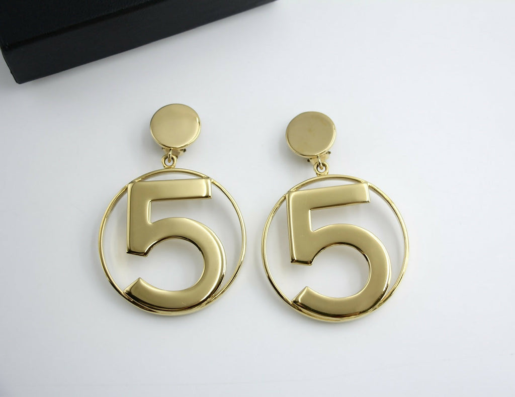 Chanel Vintage 1987 Gold-plated No. 5 Dangle Clip-on Earrings
