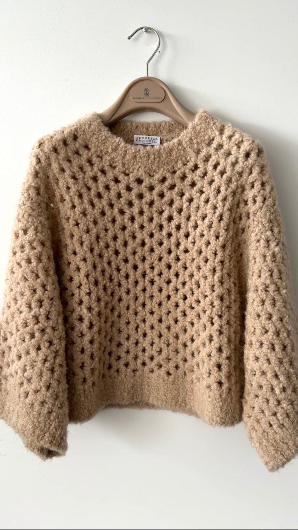 Brunello Cucinelli Beige Open Knit Boucle Camel Short Sweater - S
