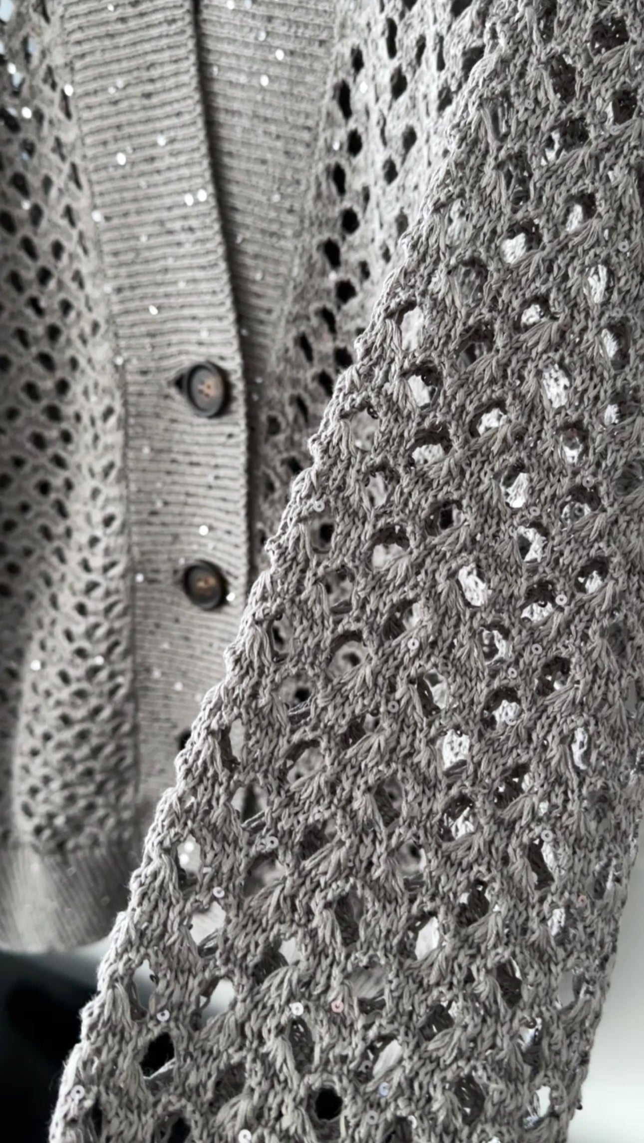 Brunello Cucinelli Grey Open Knit Sequin igan Sweater - S