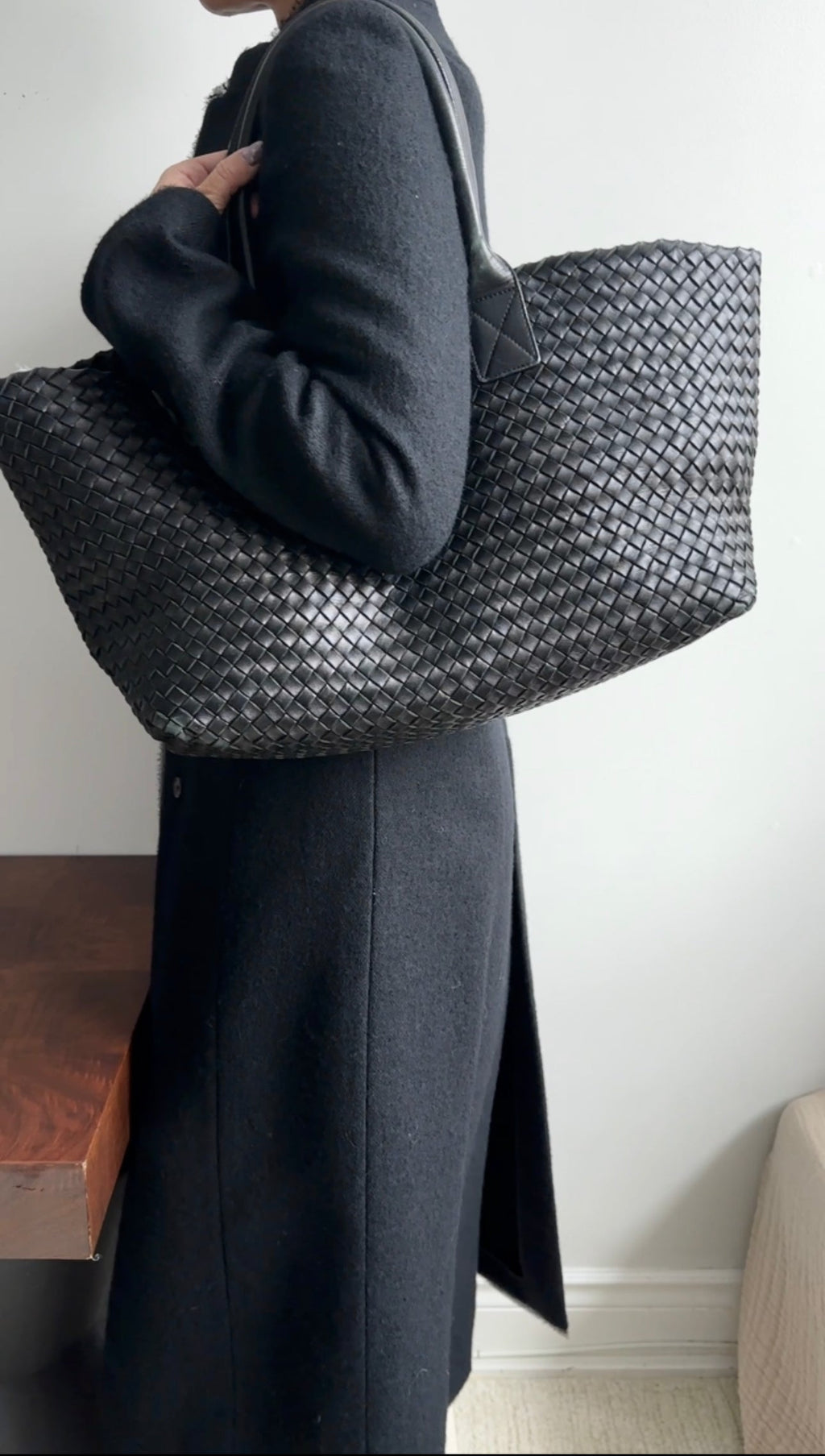 Bottega Veneta Black Intreccio Leather Cabat MM Tote Bag