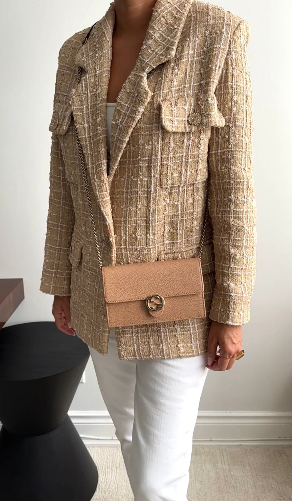 Chanel Spring 2019 Beige and Ecru Iridescent Tweed Blazer Jacket - FR42 / 10