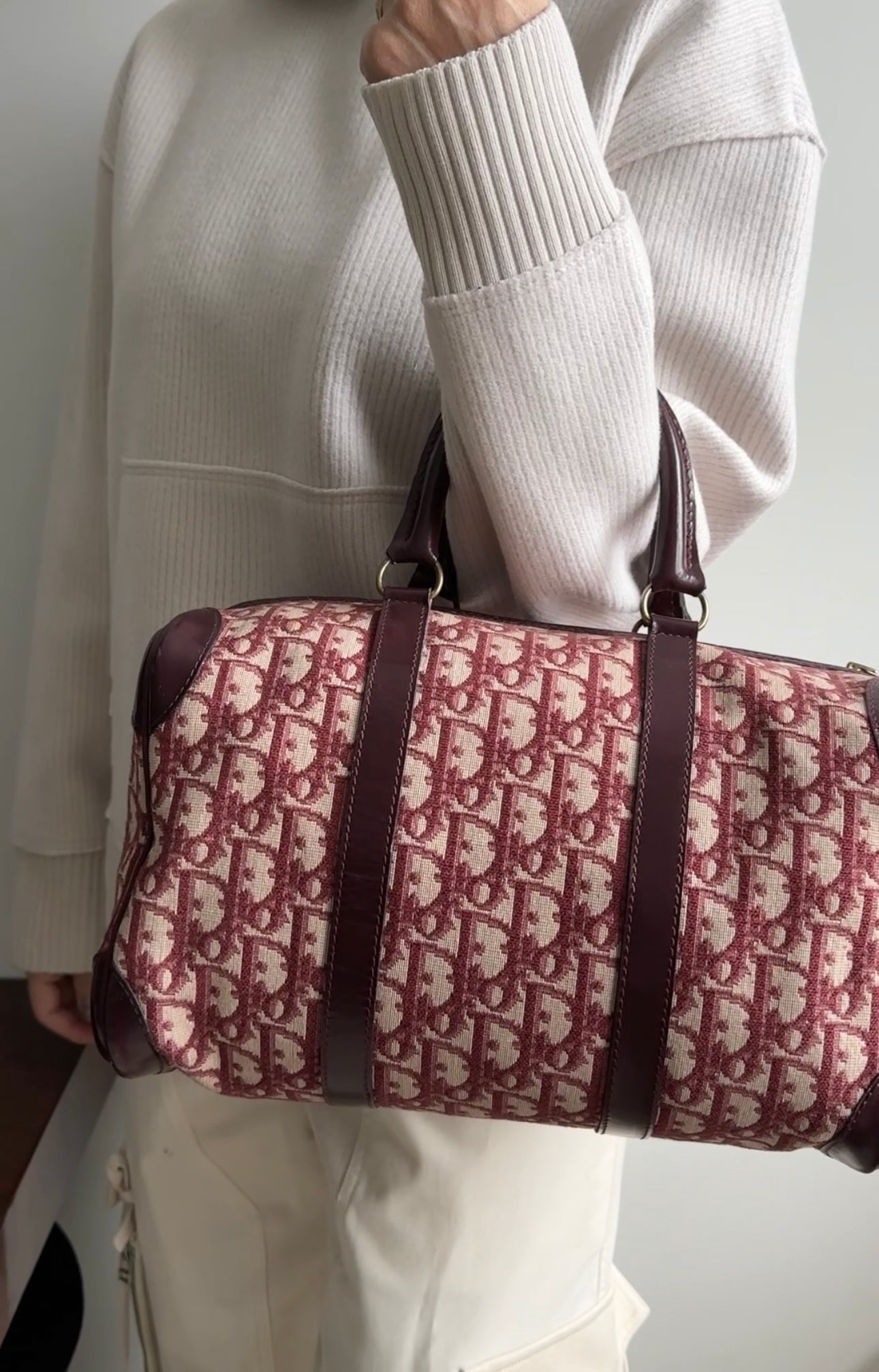Christian Dior Burgundy Oblique Logo Boston Bag