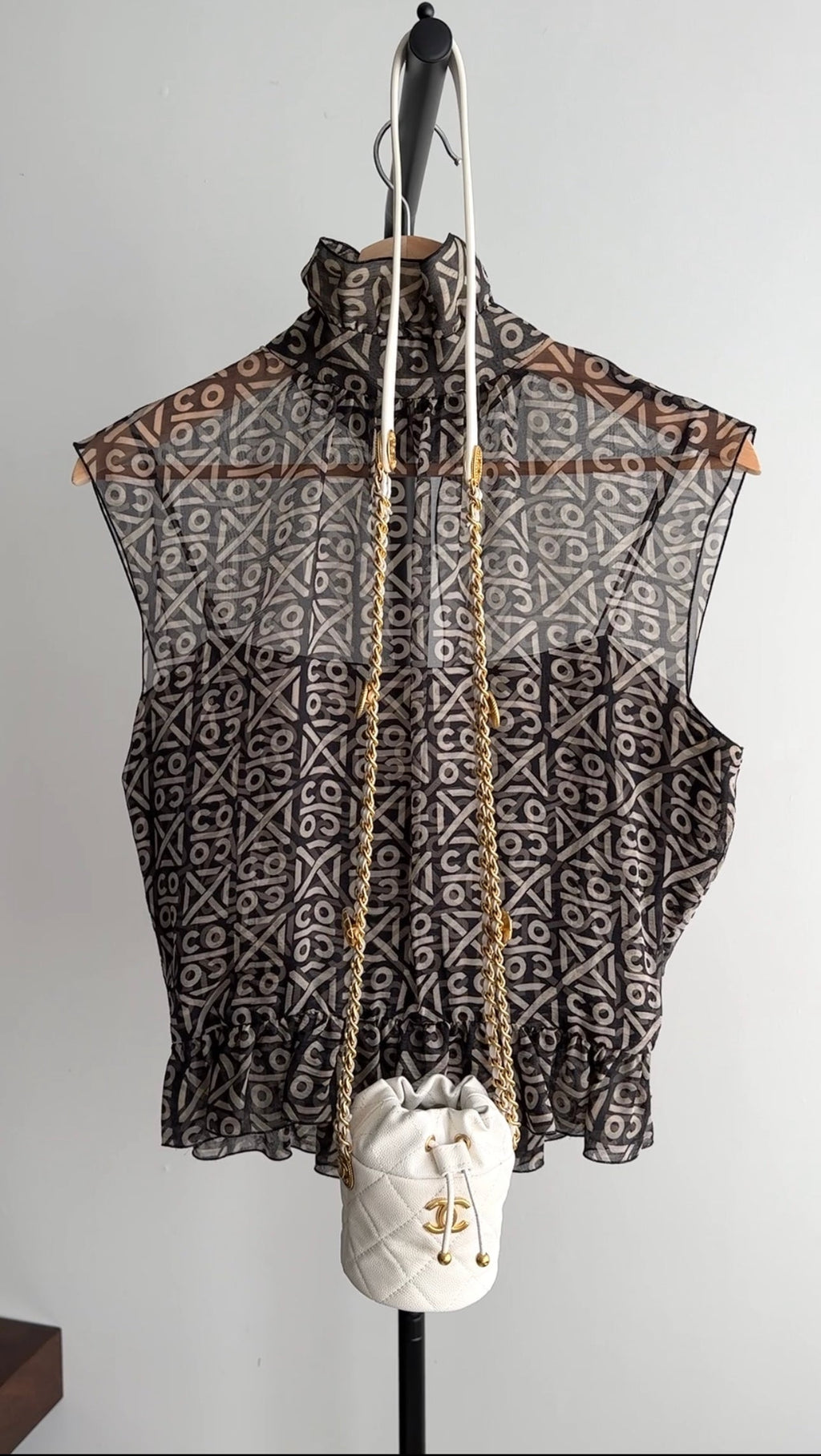 Chanel 00A Sheer Silk Chiffon Coco Logo Ruffle Neck Sleeveless Blouse - FR38 (4/6)