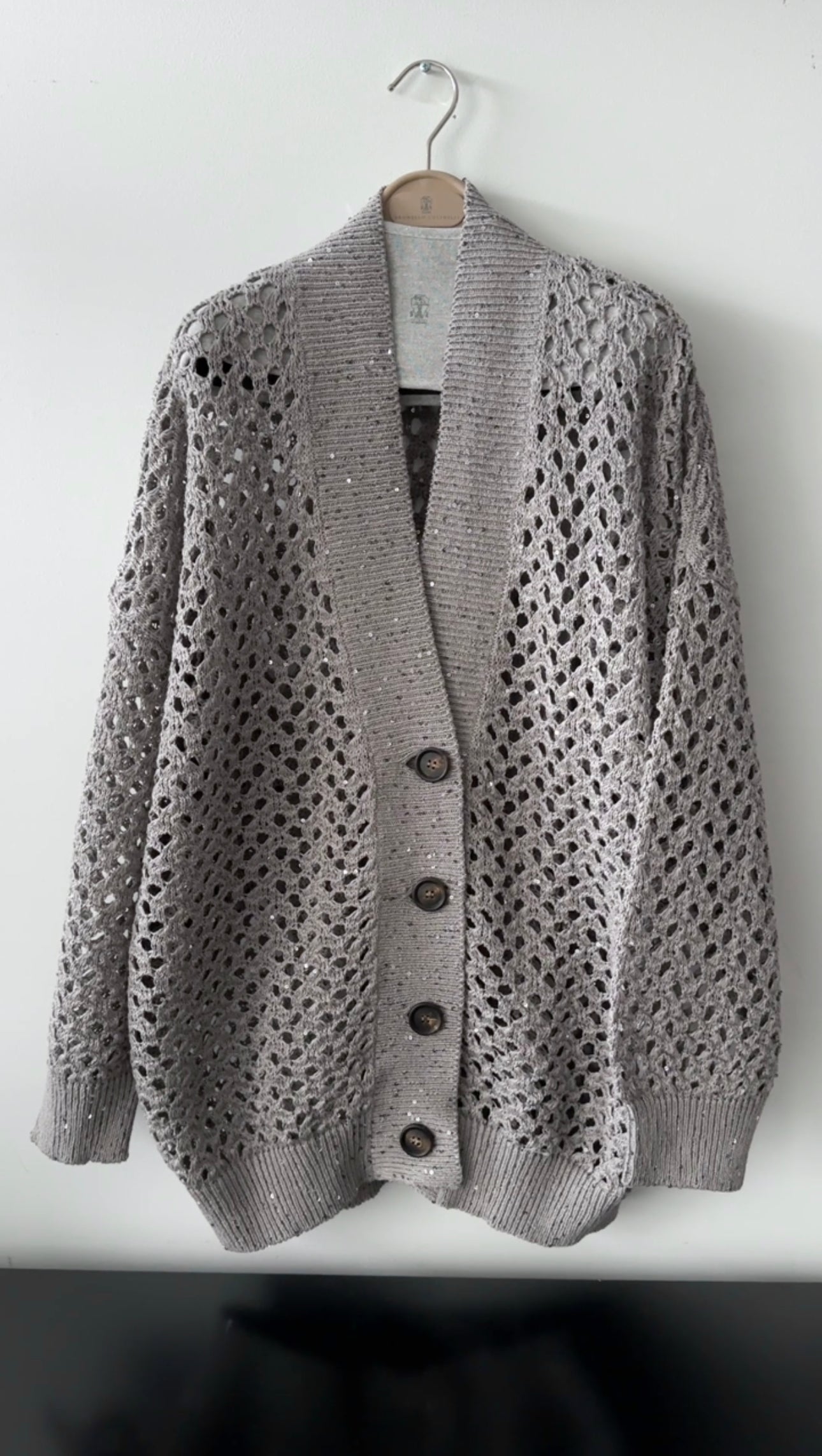 Brunello Cucinelli Grey Open Knit Sequin igan Sweater - S