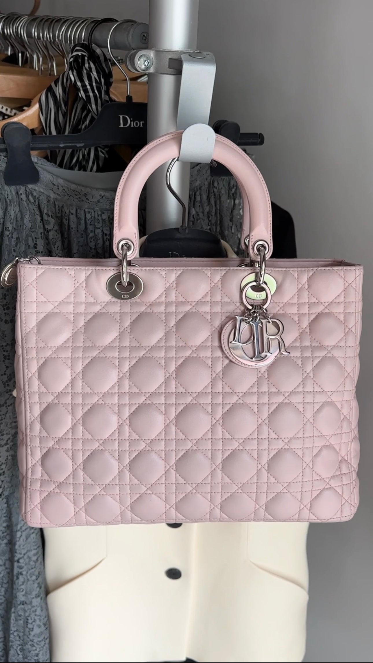 Dior Neutral Shell Pink Cannage Quilted Leather Large Lady Dior Bag