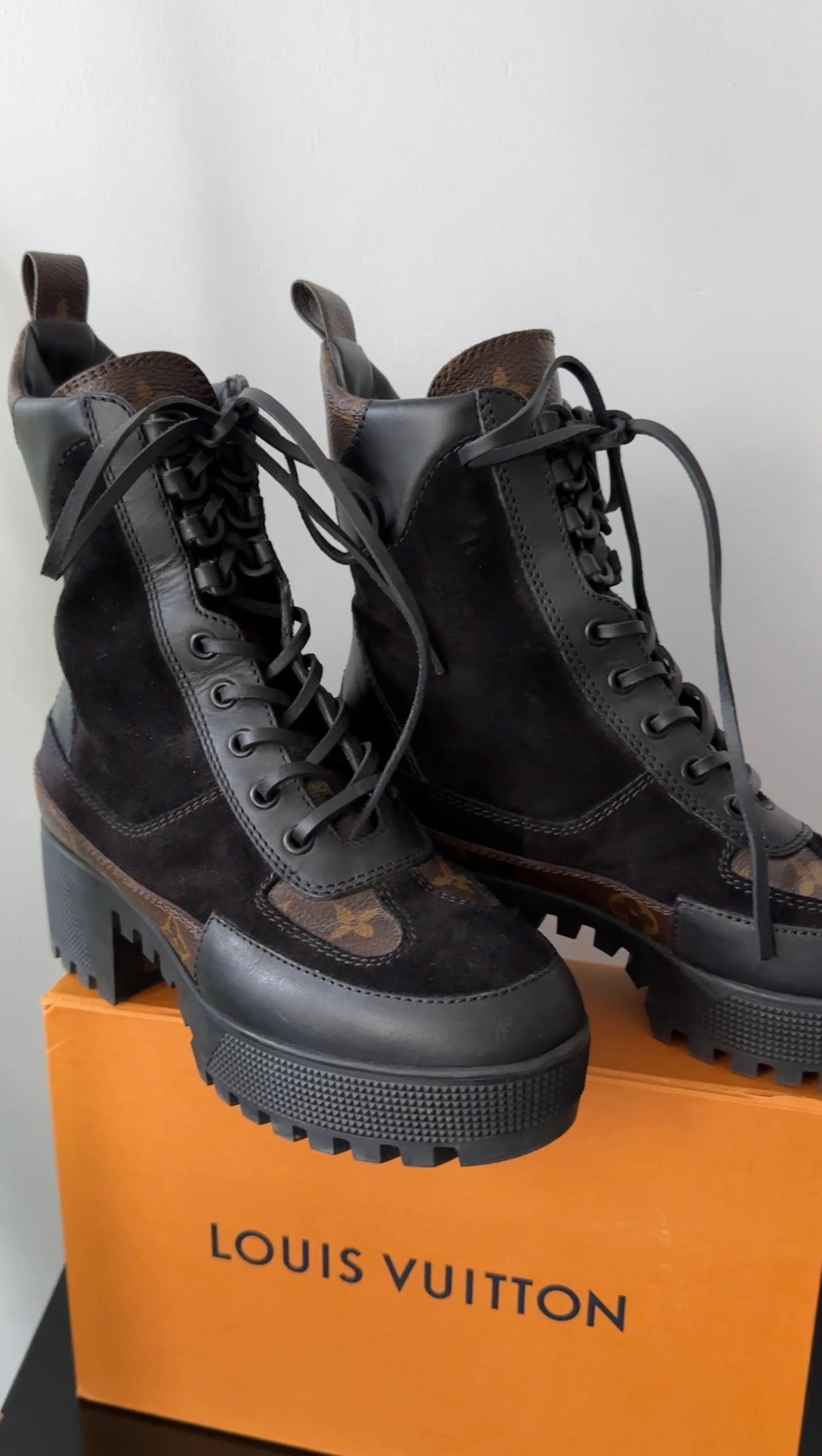 Louis Vuitton Black Suede and Monogram Laureate Platform Desert Combat Boot - 36