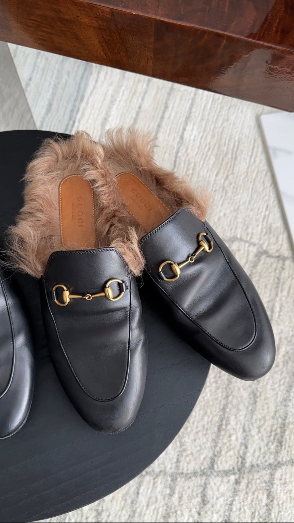 Gucci Shearling Fur Lined Black Princetown Slippers - USA 7