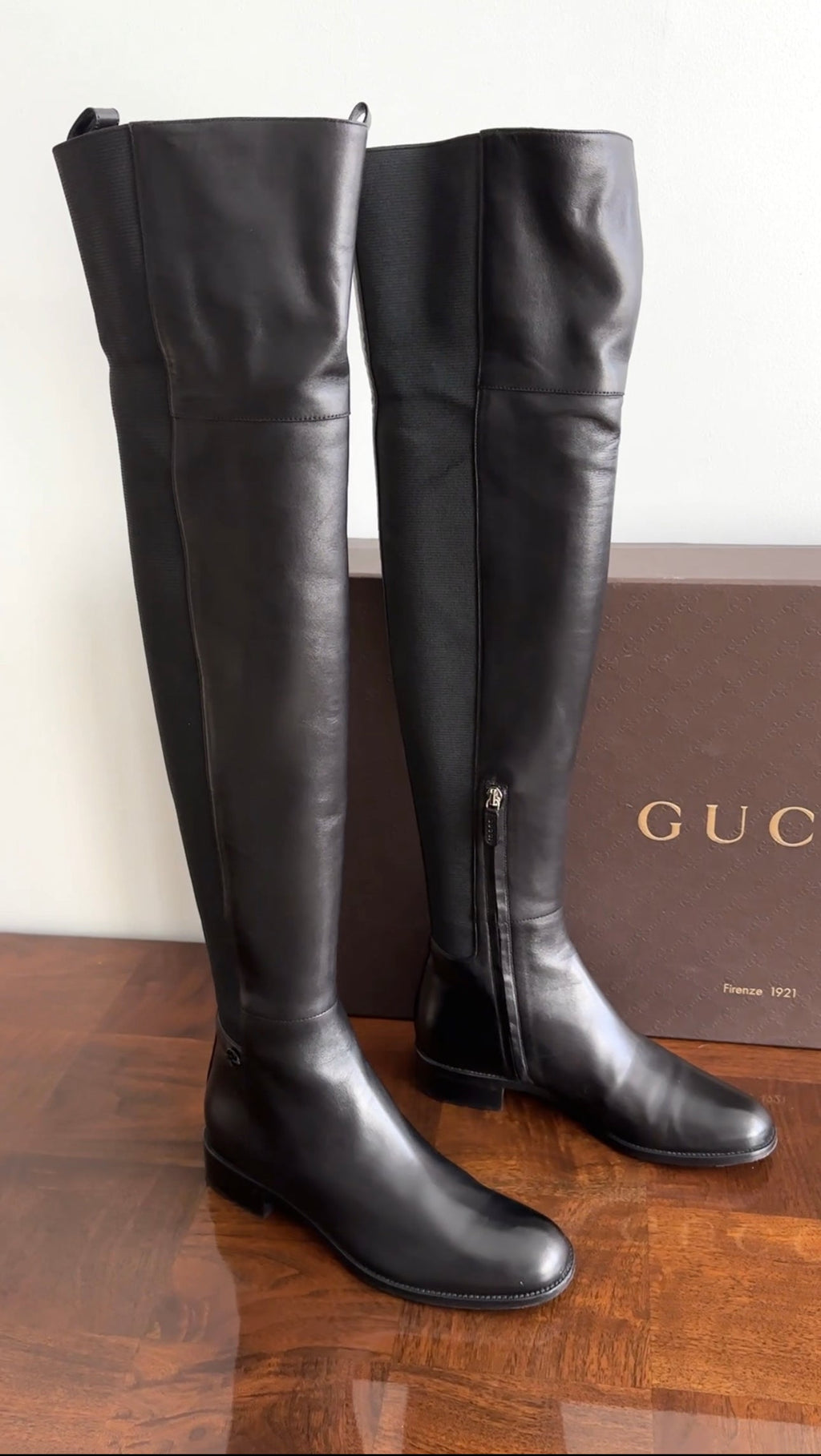 Gucci Black Leather Stretch Knee High Boots - 36.5