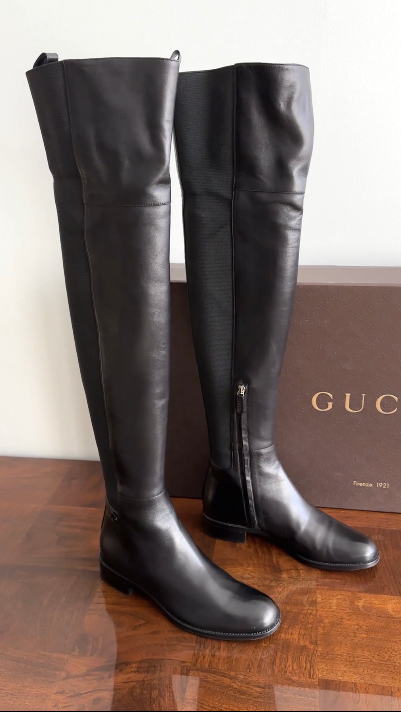 Gucci Black Leather Stretch Knee High Boots - 36.5