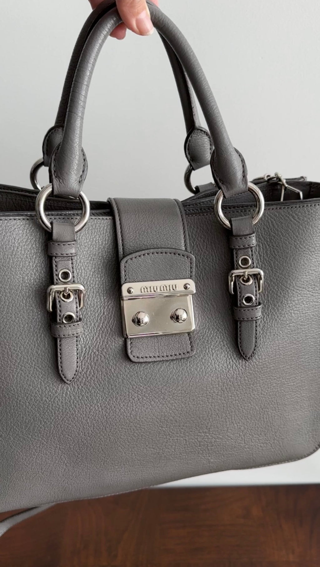 Miu Miu Grey Leather Madras Press Stud Tote Bag