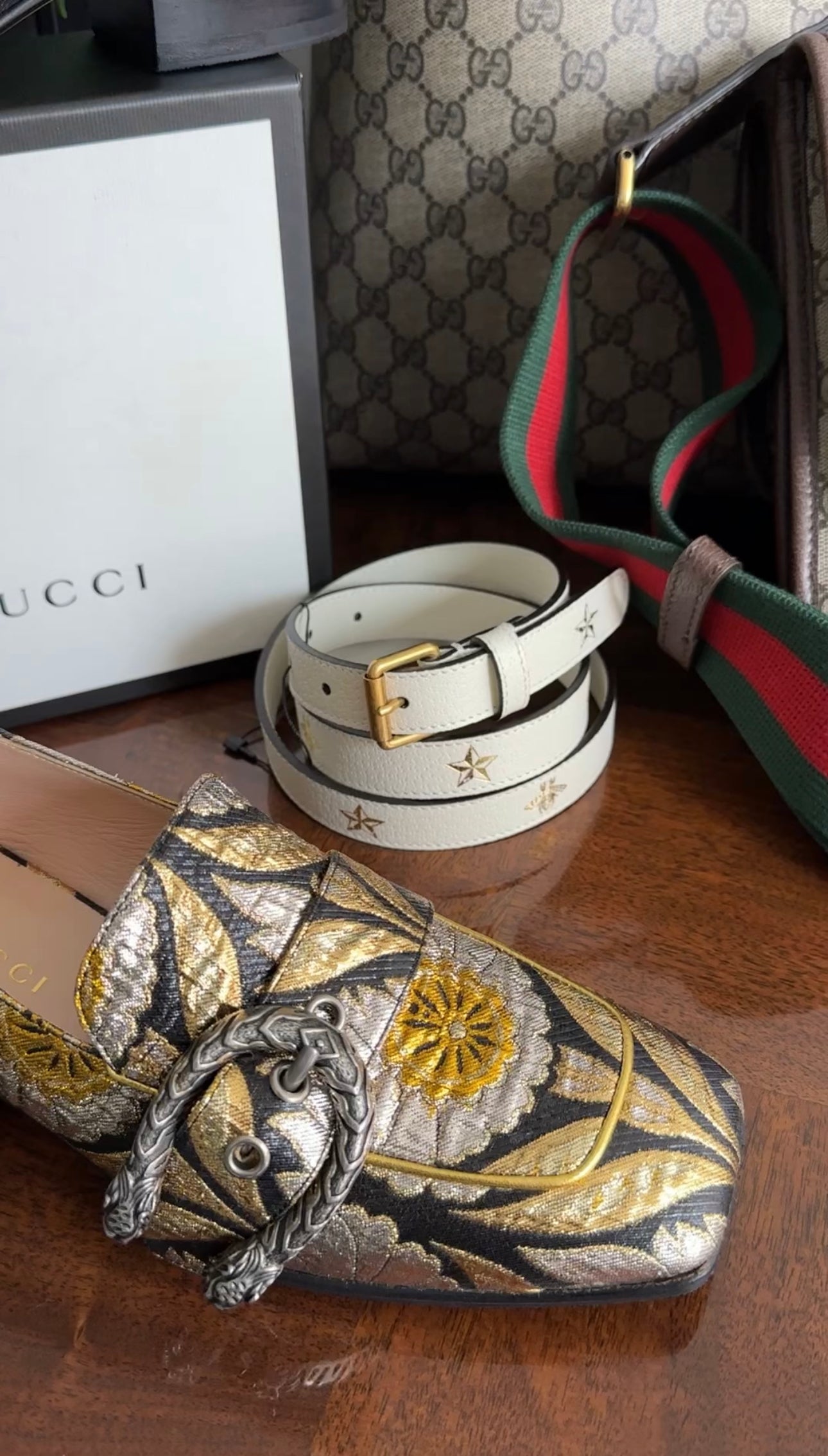 Gucci Gold Silver Black Brocade Dionysus Pump Loafers - 37