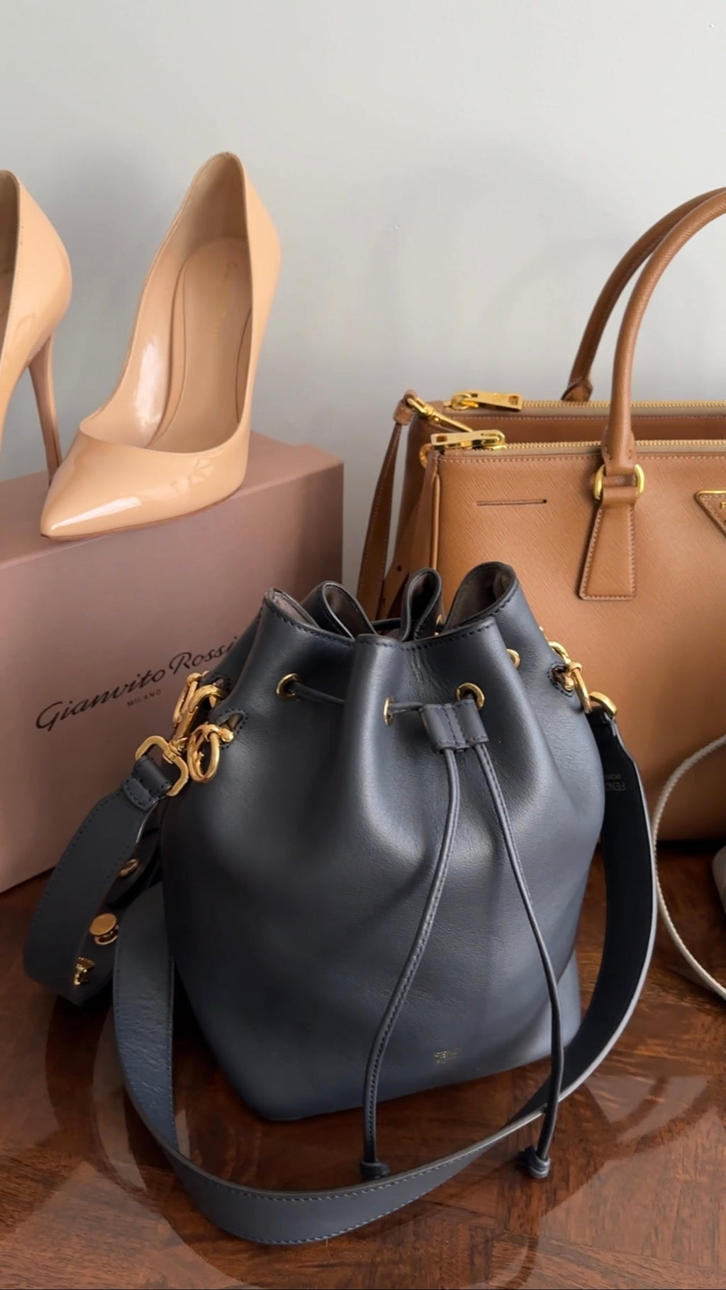 Fendi Navy Leather Mon Tresor Drawstring Bucket Bag