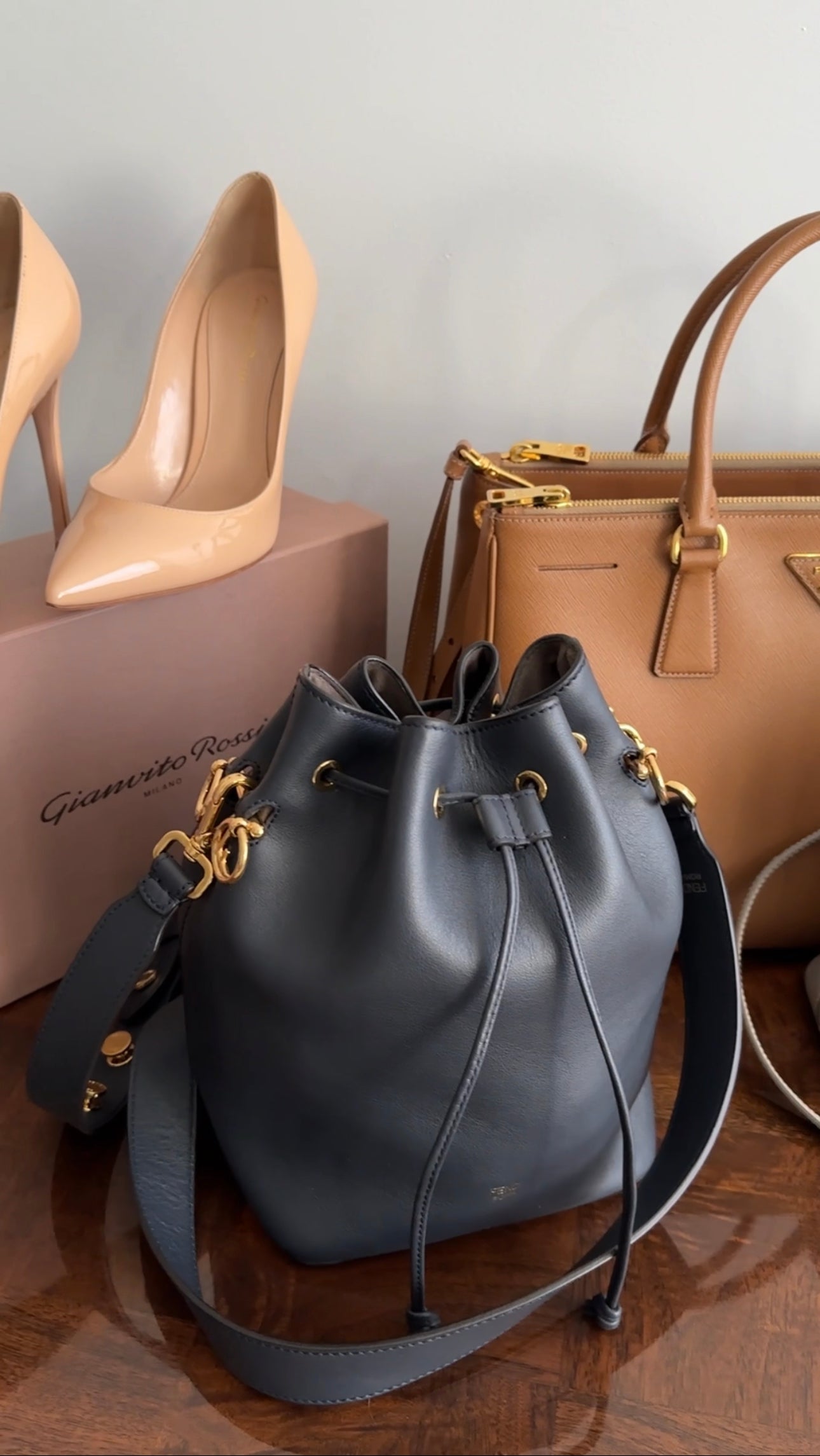 Fendi Navy Leather Mon Tresor Drawstring Bucket Bag