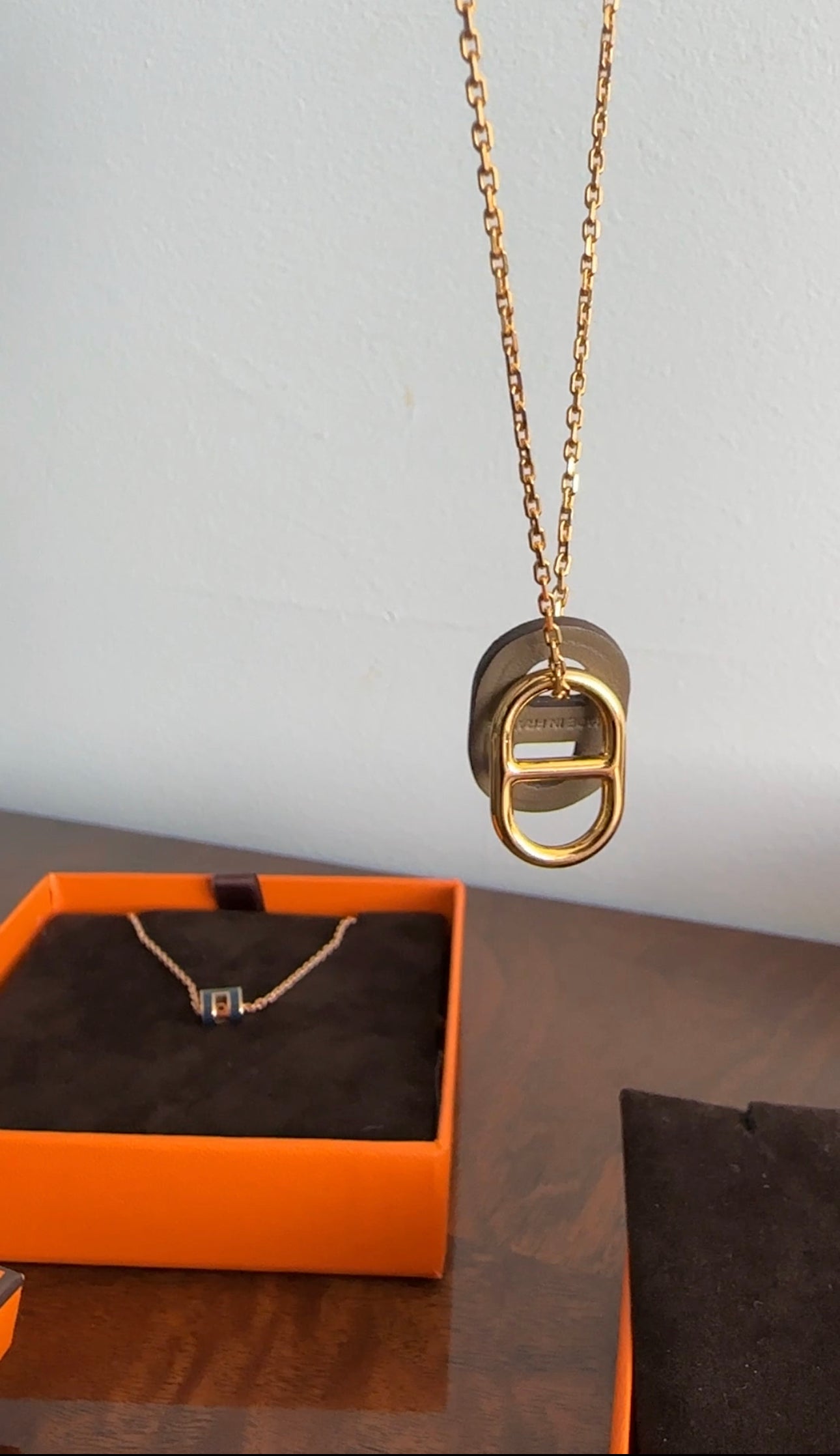 Hermes O'Maillon Pendant Necklace Palladium Etoupe